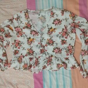 White Long-Sleeve Blouse with Orange Flowers and Green Leaves